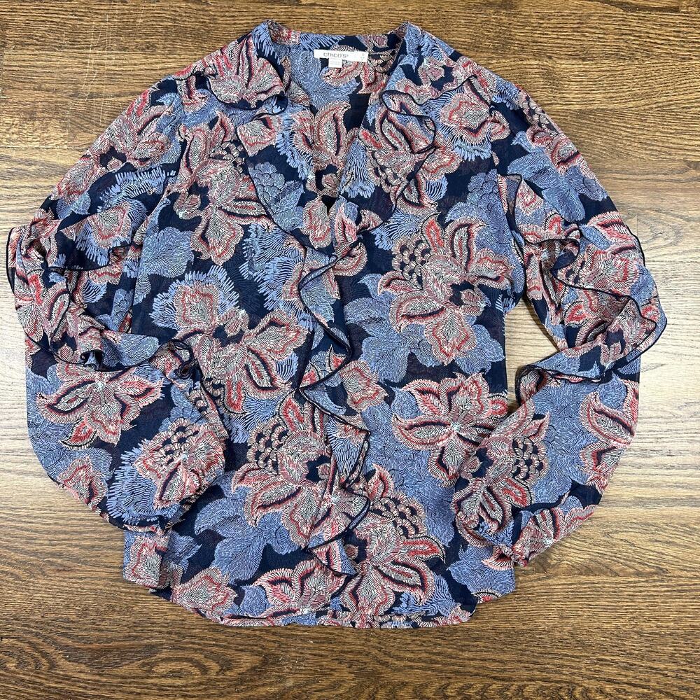 Chicos Ruffle Front Floral‎ Blouse Blue Red Sheer Long Sleeve Top Size 0 / US 4